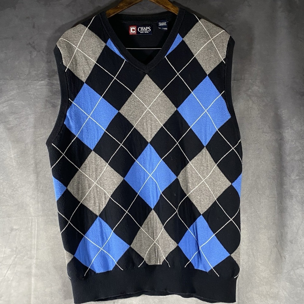 Chaps Ralph Lauren Argyle Style Blue Sweater Vest Golf Golfing XL